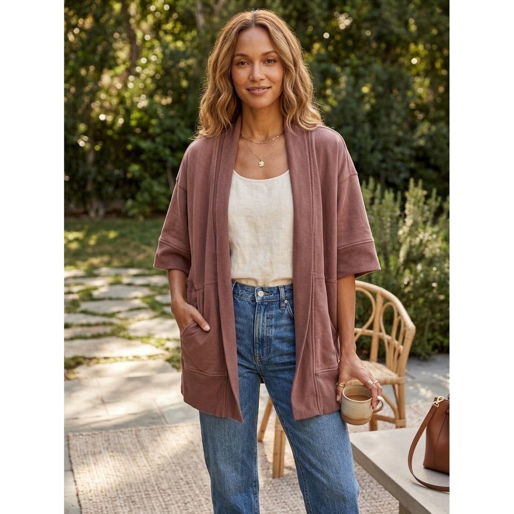 Athleta Purusha Wrap Cardigan Mauve Brown Open Front Short Sleeve Pockets L/XL